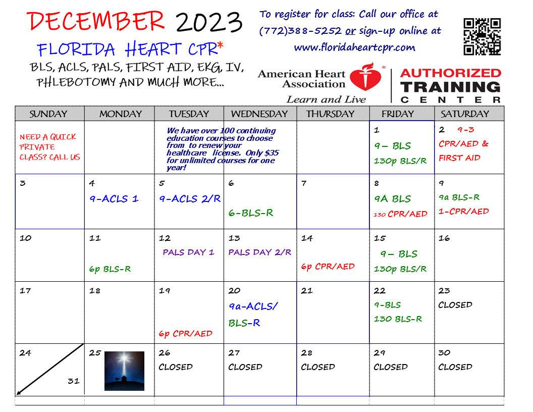 December 2023 Class Calendar