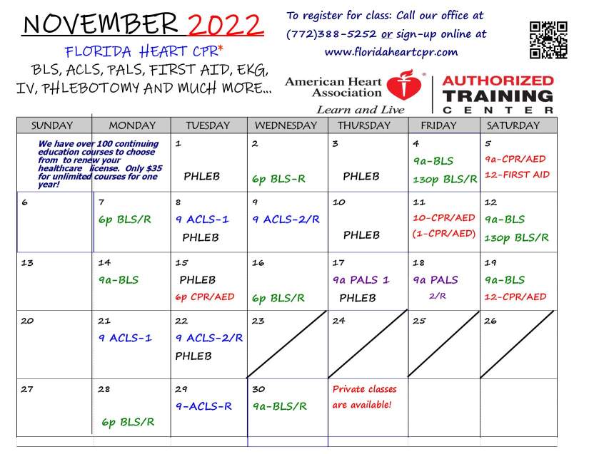 November 2022 class calendar
