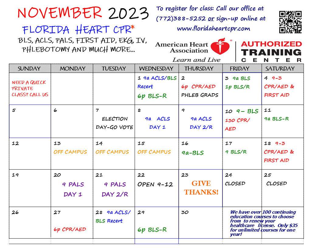 November Class Calendar 2023
