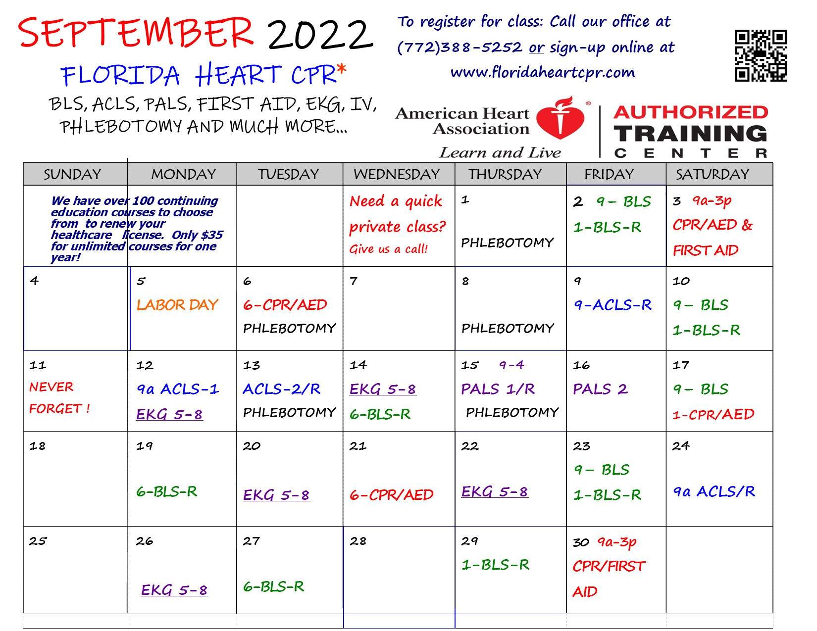 September 2022 class calendar