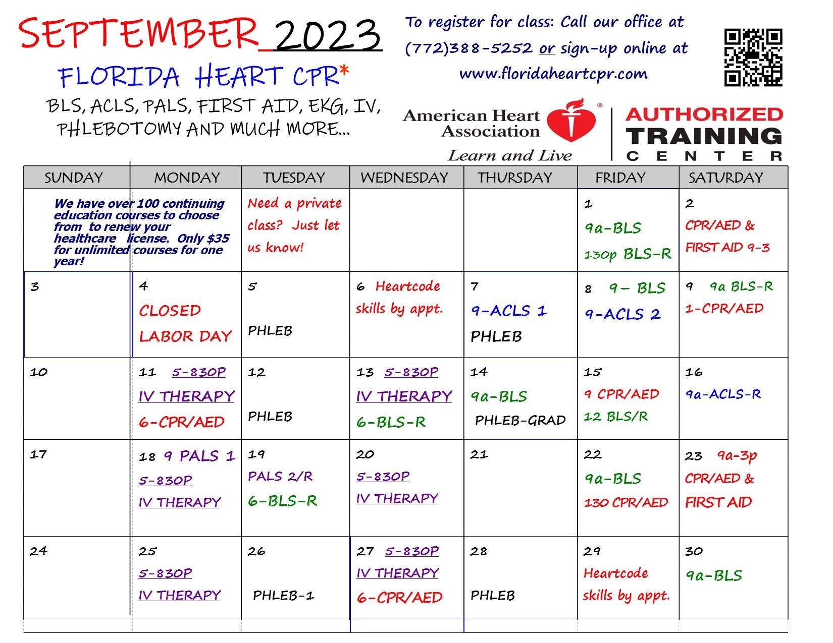 SEPT 2023 Class Calendar
