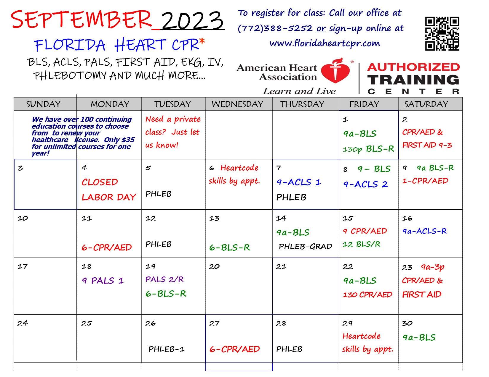 SEPT 2023 Class Calendar